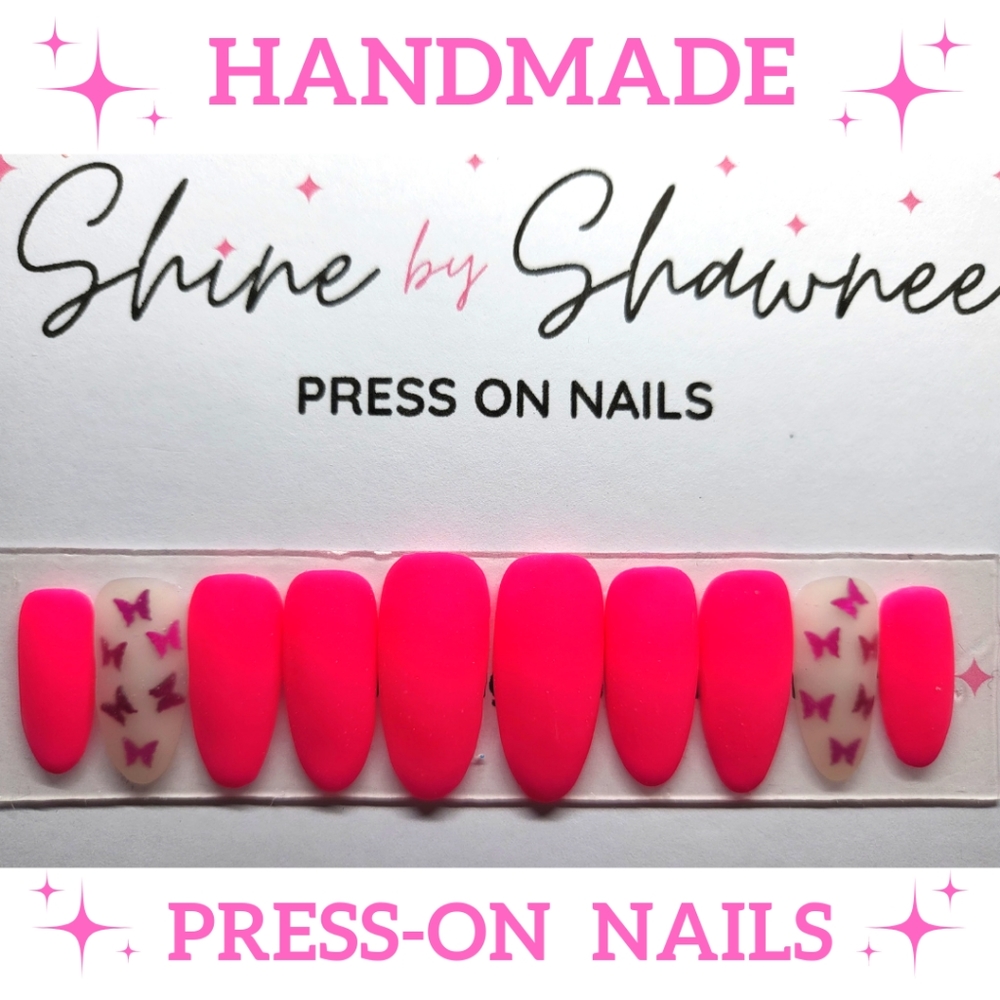 Handmade Luxury Press-On Nails | Sturdy & Reusable | PINK BUTTERFLIES